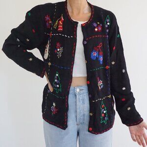 Vintage Erika Black Knit Mitten Snowflake Snowman Patchwork Holiday Cardigan L